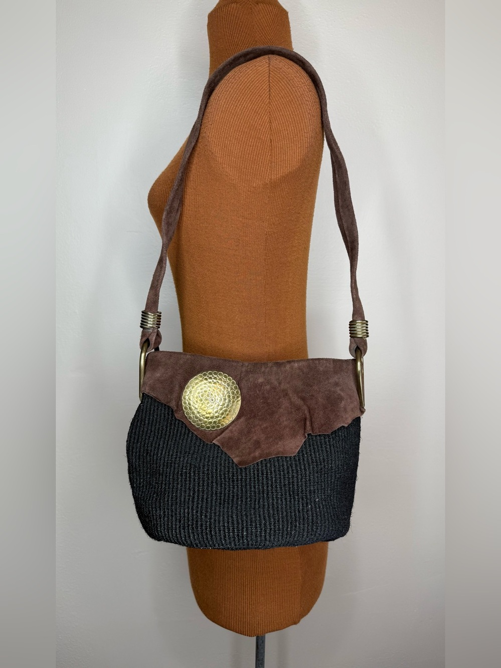 Black Sisal Round Bag Brown Suede Shoulder Bag with Brass Accent